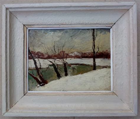 TABLEAU HUILE SUR panneau bois signé Charles Cuzin Paysage De Neige