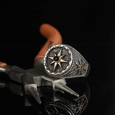 925 Sterling Silver Mens Ring Compass Engraved Men Silver Ring Etsy