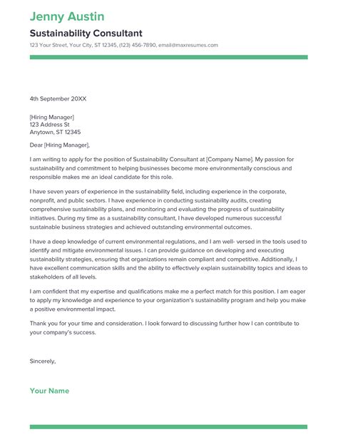 Best Sustainability Consultant Cover Letter Example For