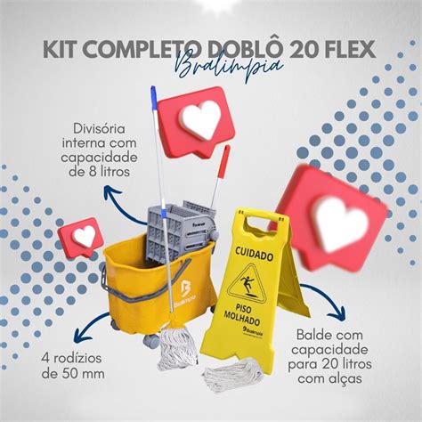 Kit Carrinho Flex Stand Balde Mop Doblô 20 L Bralimpia 7 Pçs LIMP PLASTIC