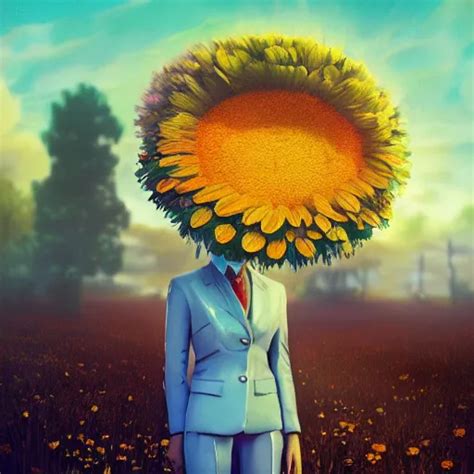 Giant Daisy Flower Head Woman In Suit Standing Next Stable