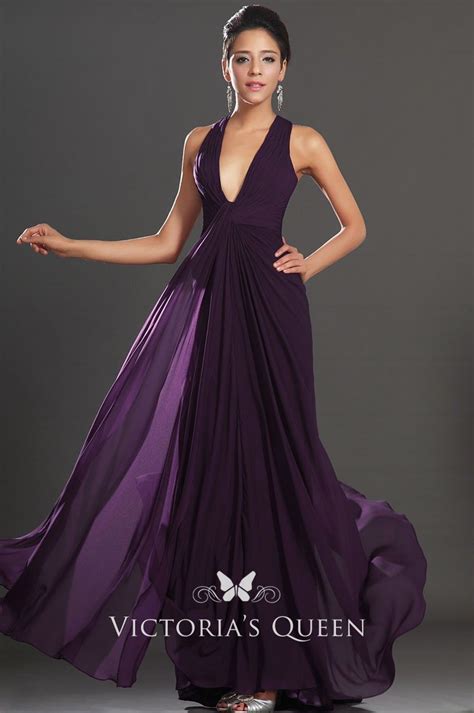 Empire Waist Plunging V Neck Eggplant Long Prom Dress Dark Purple