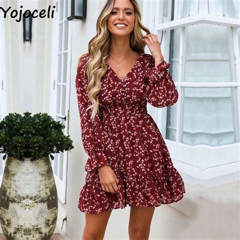 Yojoceli Sexy Floral Print Short Ruffle Dress 2019 Autumn Chiffon Beach