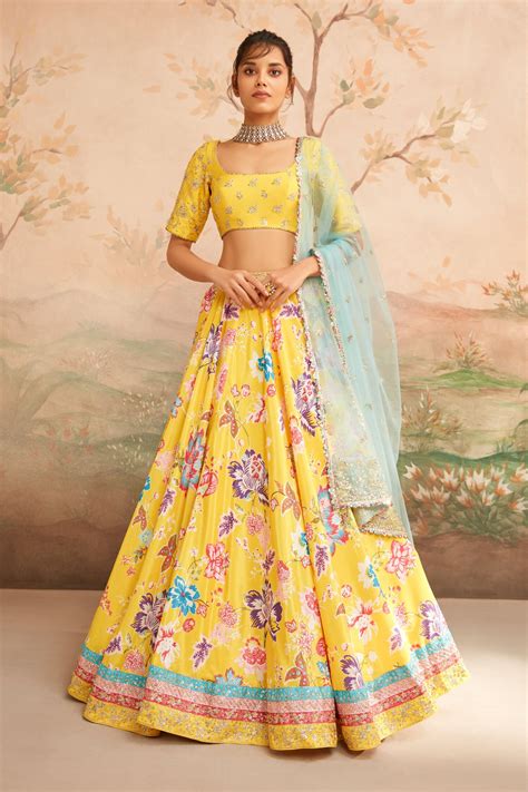 Buy Yellow Silk Printed Florette Square Neck Lehenga Set For Women By