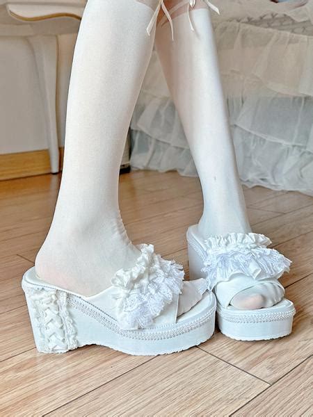 Ruffle Lace Trim White Wedge Slippers