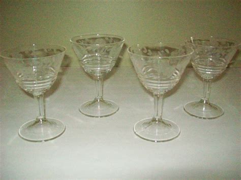 Vintage 60s Etched Stemware Crystal Wine Glasses