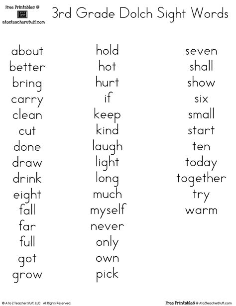 Printable Dolch Sight Word Lists