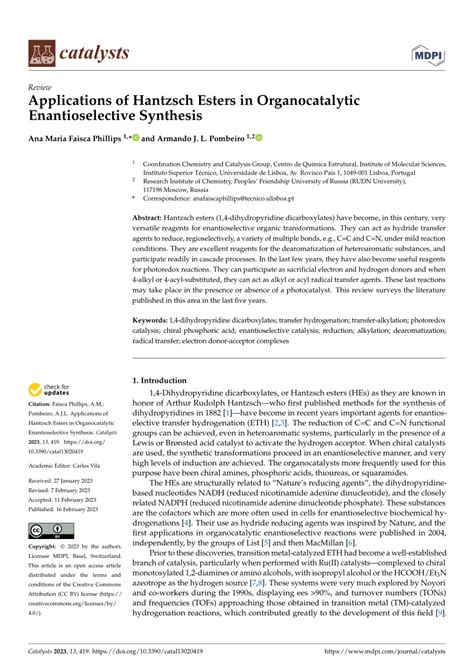 (PDF) Applications of Hantzsch Esters in Organocatalytic Enantioselective Synthesis