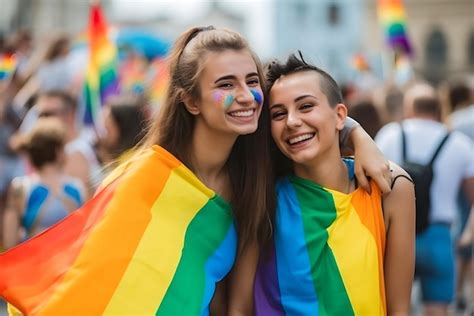 Duas Amigas Passeando Na Cidade Em Um Desfile Embrulhadas Em Uma Bandeira Do Orgulho Gay Gerada