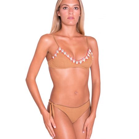 Bikini Brassiere Brazilian Briefs Embroidery Shells Size S Color Beige