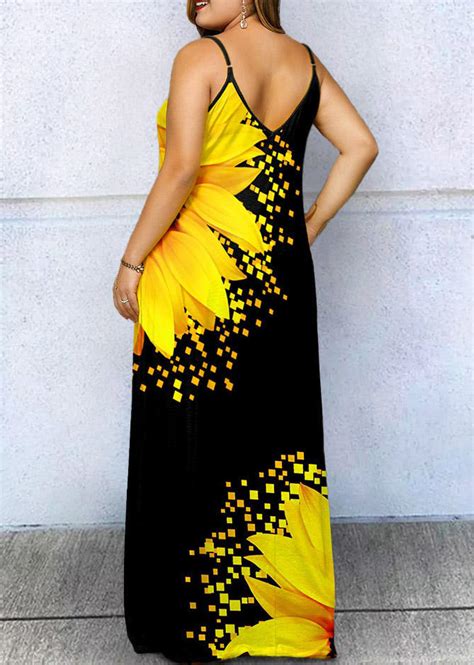 Plus Size Sunflower Spaghetti Strap Maxi Dress Black Fannyme