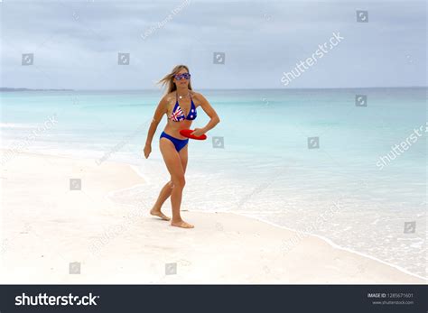 Woman Wearing Patriotic Flag Bikini Playing Stock Photo 1285671601 Shutterstock