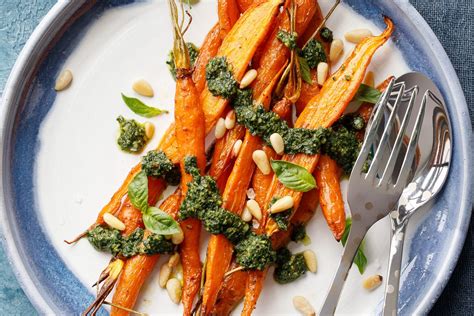 Roasted Carrots With Basil And Carrot Top Pesto Love And Olive Oil