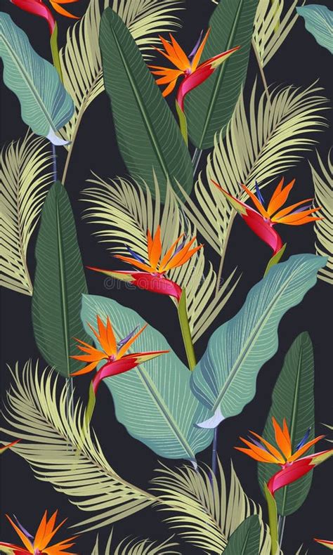 Black And White Seamless Pattern With Tropical Bird Of Paradise Leaf