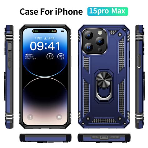 Köp iPhone 15 Pro Max Skal Shockproof Armor Ring Blå Teknikhallen se