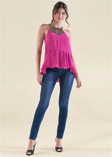 Embellished Neckline Top In Fuchsia Venus