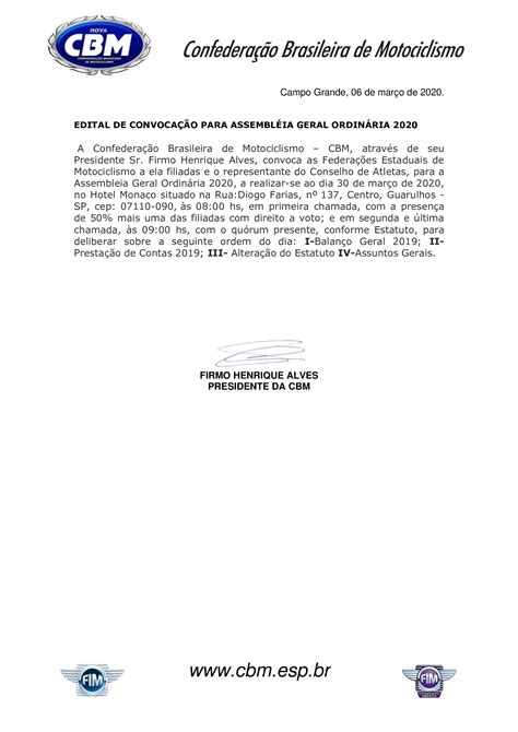 CBM convoca filiadas para assembléia geral MOTOMUNDO