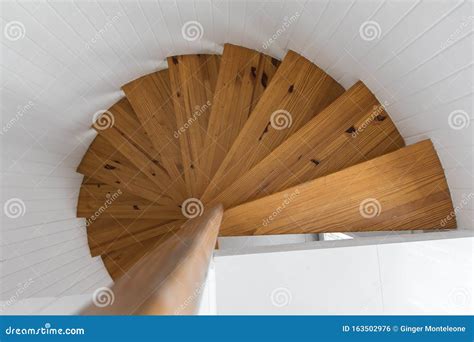 Wood Teak Spiral Stairs With White Walls Stock Photo Image Of