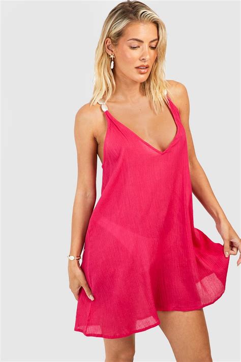 Pearl Stone Strap Cheesecloth Beach Mini Dress Boohoo Uk