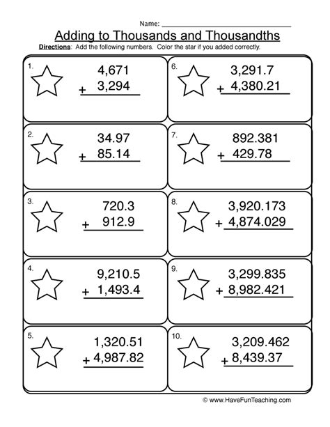 Adding Thousands Thousandths Worksheet By Teach Simple