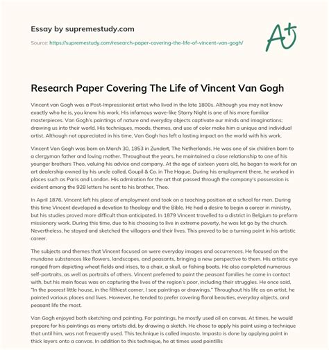 Research Paper Covering The Life Of Vincent Van Gogh Free Essay