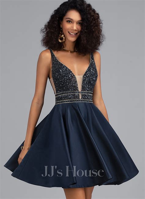 A Line V Neck Short Mini Satin Homecoming Dress With Beading Sequins