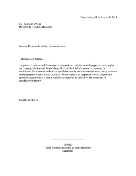 Ejemplo De Carta De Solicitud De Permiso Cuernavaca 08 De Marzo De