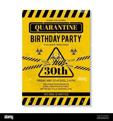 Quarantine Birthday Party Invitation Card With Biohazard Symbol And Caution Tapes Social