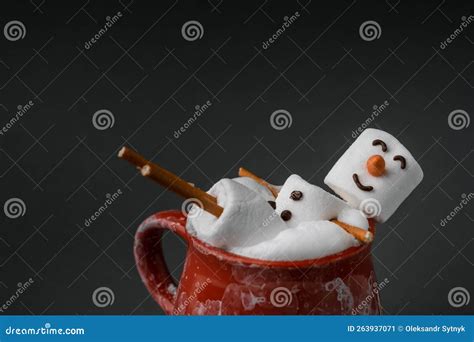 Marshmallow Snowman Taking Hot Tub In A Red Ceramic Cup Full Of Cocoa With Milk Foam Christmas