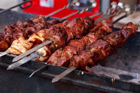 Meat kebab on skewers stock photo. Image of shashlik - 153357970