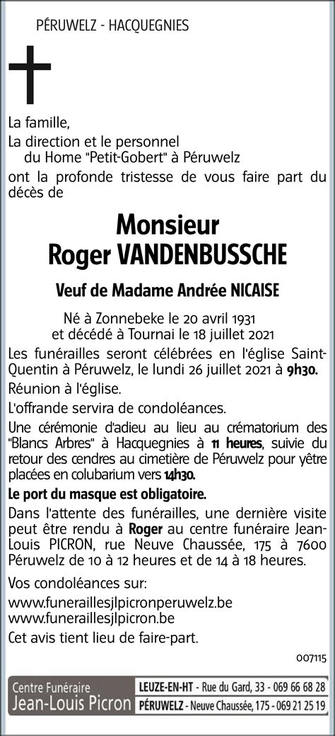 Roger Vandenbussche Avis N Crologique Lavenir Net