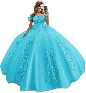 HYEC7 Off Shoulder Tulle Quinceanera Dresses 3D Flower Puffy Ball Gown