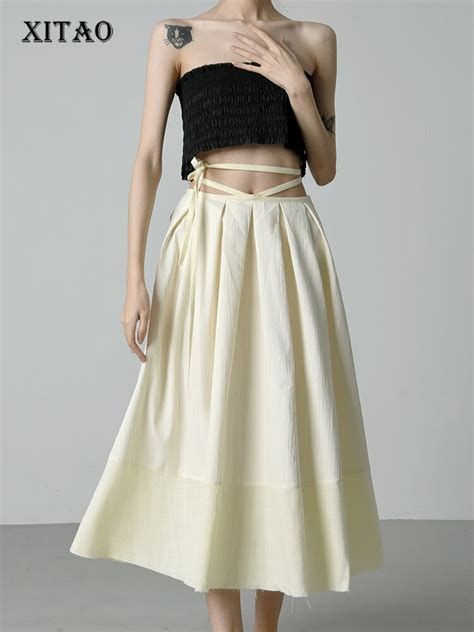 XITAO Solid Color Pleated Belt Skirt Loose Fashion Simplicity