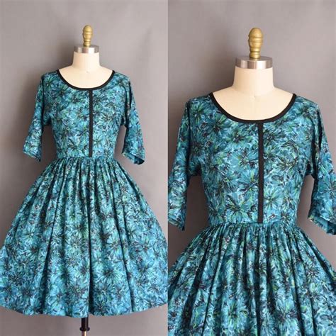 Just Listed Vintage 1950s Blue Floral Full Skirt Dress Size Small