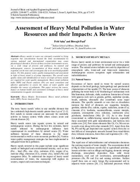 Pdf Assessment Of Heavy Metal Pollution In Water Resources And Their