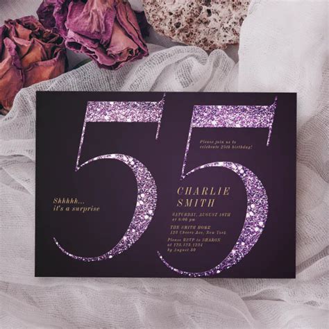 Modern Minimalist Purple Glitter 55th Birthday Invitation Zazzle