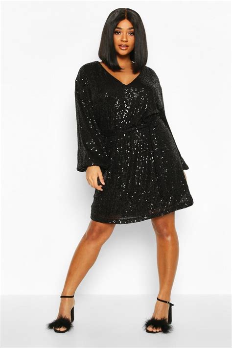 Plus Sequin Belted Blouson Sleeve Wrap Dress Boohoo