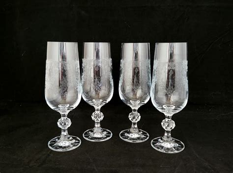 Import Assoc Etched Crystal Cascade Pattern Champagne Flutes Glasses Set Of 4 Etsy