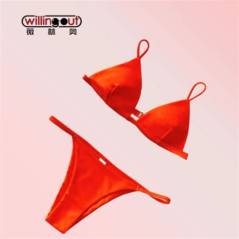 Orange Color Bikini Wear Triangle Top Free Feeling Bra Swimsuit Sexy Thong Skimpy Bottom Bathing