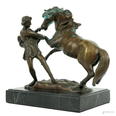 Cavallo Con Domatore Scultura In Bronzo Cm H 18 Base In Marmo XX