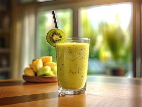 Tall Glass Of Fresh Kiwi Smoothie Healthy Fitness Drink Stock