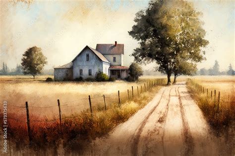 Vintage impressionist old farm house in a field in the morning. Oil ...