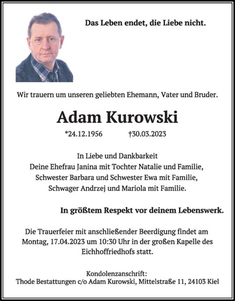 Traueranzeigen Von Adam Kurowski Trauer Anzeigen De