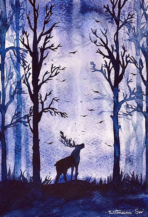 Monochrome painting / Original watercolor forest deer / Wall art 10 by ...