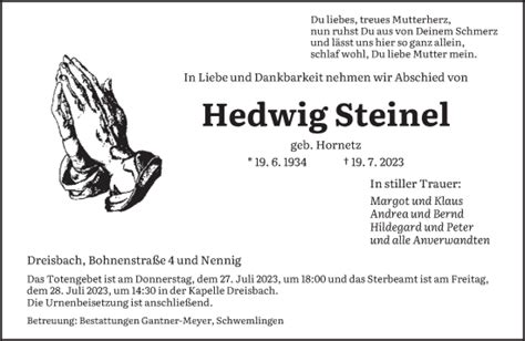 Traueranzeigen Von Hedwig Steinel Saarbruecker Zeitung Trauer De