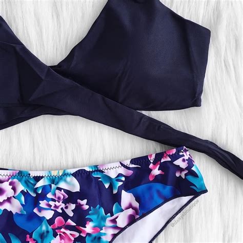 Daisys Boutique Swim Navy Blue Strappy Bandage And Floral Bikini