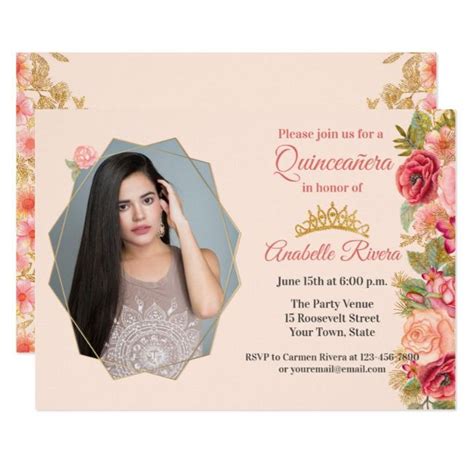 Blush Roses With Gold Leaves Add Photo Quincea Era Invitation Photo