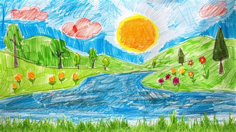 A Childlike Drawing of a Sunny Day with a River Winding through a Green ...