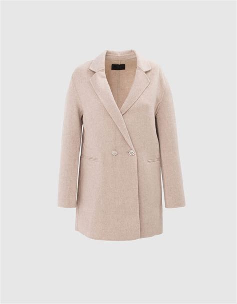 Manteau Mi Long En Laine écru Boutons Bijoux Femme