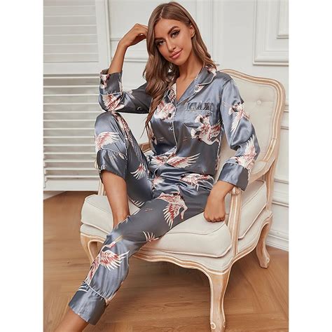 2pc New Ladies Pajamas Summer Ice Silk Pajamas Women Long Sleeved